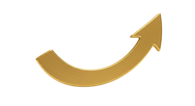 Golden arrow pointing up isolated PNG, success and growth concept for business and finance presentations