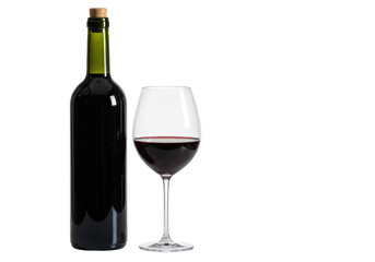 Bottle of red wine with cork and glass of wine isolated, alcoholic beverage for celebrations and special occasions