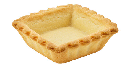 Empty square tart shell isolated on white, baked pastry base for sweet or savory fillings, shortcrust dough for baking projects