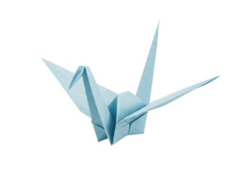Light blue origami crane isolated on transparent background, traditional Japanese art for peace and mindfulness