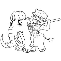 Cartoon young caveman riding mammoth line art