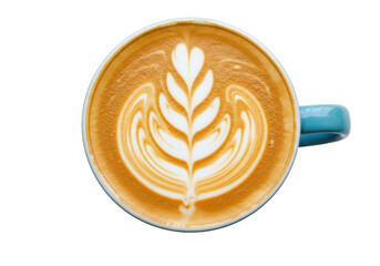 Latte art in a blue cup isolated on a clean background, coffee drink with a beautiful leaf pattern for cafe menu