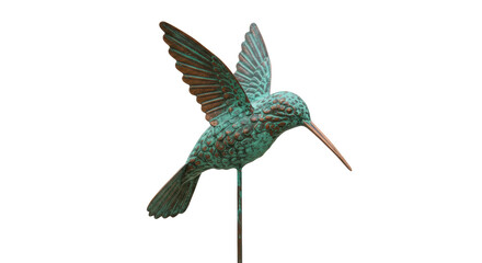 Verdigris hummingbird garden stake PNG isolated on transparent background, copper patina bird sculpture for outdoor decoration
