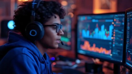 Young man focused on multiple computer screens displaying data analytics in a dimly lit room - Powered by Adobe