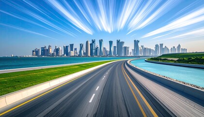 A coastal highway curves gently towards a modern city skyline under a dynamic, radiant sky.  The road's motion blur suggests speed