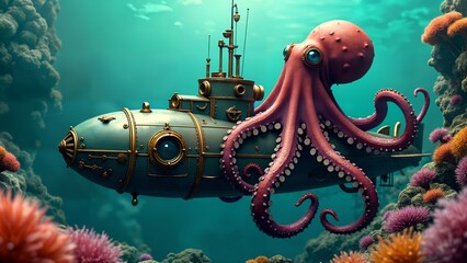 Steampunk Octopus in a Colorful Underwater Adventure