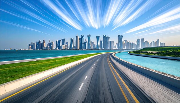 A coastal highway curves gently towards a modern city skyline under a dynamic, radiant sky.  The road's motion blur suggests speed