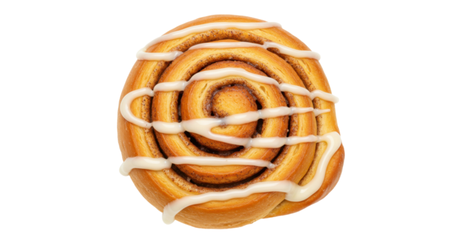 Delicious cinnamon roll with icing isolated on white, sweet pastry treat for breakfast or dessert PNG