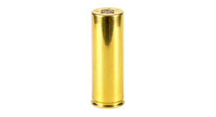 Shiny golden shotgun shell isolated, empty brass cartridge for hunting or sport shooting on a clean backdrop