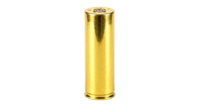 Shiny golden shotgun shell isolated, empty brass cartridge for hunting or sport shooting on a clean backdrop