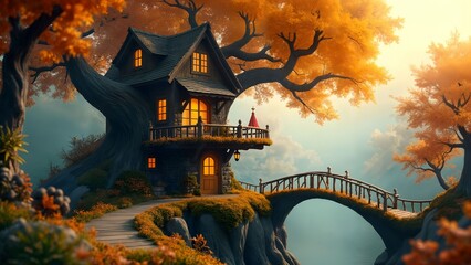 Whimsical Treehouse Village in Autumn Forest