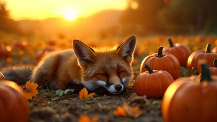 Fox Among Pumpkin Fields at Sunset