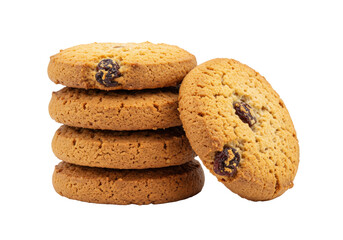 Stack of oatmeal raisin cookies isolated on transparent background, delicious homemade baked goods for snack or dessert