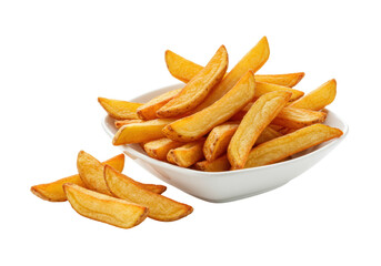 Golden potato wedges in a bowl isolated, crispy fried appetizer or side dish PNG for restaurant menus and food blogs