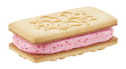 Rectangular shortbread cookie sandwich with pink cream filling isolated, sweet biscuit dessert for snack or treat