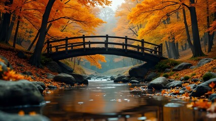 Autumn Bridge Over Tranquil Stream