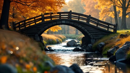 Autumn Landscape with Timber Arch Over Flowing Water