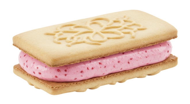 Rectangular shortbread cookie sandwich with pink cream filling isolated, sweet biscuit dessert for snack or treat