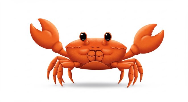 Cangrejo naranja vibrante de grandes ojos ilustrado digitalmente con pinzas elevadas sobre fondo blanco puro