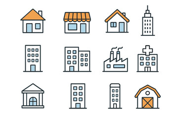 Fototapeta premium Building icon set. Simple outline vector icons for real estate. House, apartment, office, factory, hospital, bank. Cityscape elements for web and mobile, property symbols.