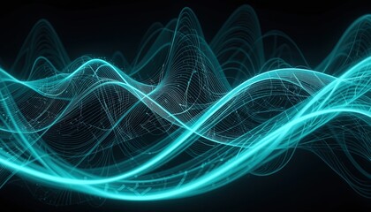Dynamic teal wave patterns create a futuristic digital soundscape background, ideal for modern technology presentations and innovative design projects