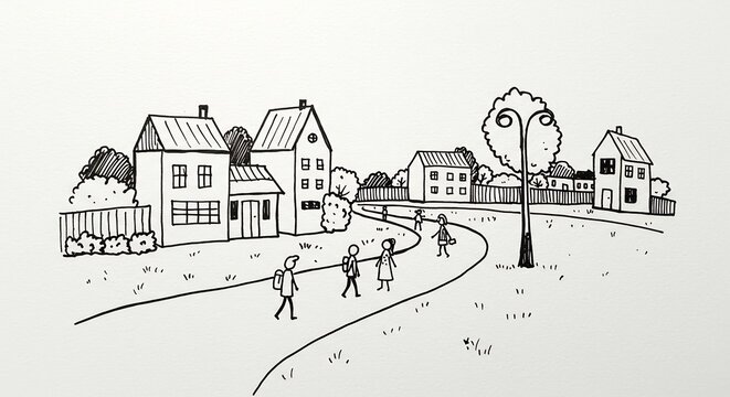 Ni&ntilde;os y adultos caminan por la calle de un tranquilo vecindario dibujado en blanco y negro.