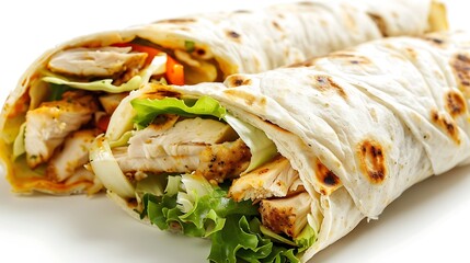 Two chicken wraps with lettuce and vegetables on a white background close up food photography style shot