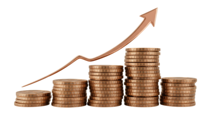 Stacks of golden coins with upward arrow isolated, financial growth concept for business success and investment returns