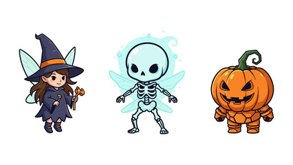 Spooky Companions: A whimsical ensemble of Halloween characters, including a fairy, a skeleton, and a jack-o'-lantern, radiate the enchantment of Halloween spirit.