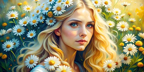 Blonde Woman with Daisies Wall Art Boho Nature Illustration