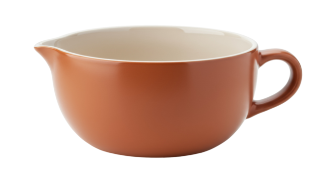 Terracotta mixing bowl isolated on white, ceramic batter bowl with handle and pouring spout for baking and cooking preparation