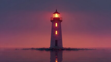 Illuminated lighthouse stands sentinel on a tranquil shoreline.