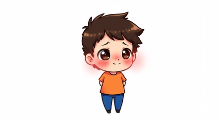 Un dulce chico chibi se sonroja tímidamente con estética kawaii vibrante ilustración digital infantil y fondo blanco