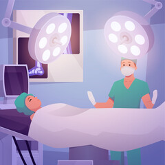 Surgery room interior with patient under anesthesia on the operating table under glowing lamp and surgeon flat vector
