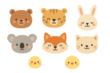 Cute childish animal faces collection. Bear, tiger, rabbit, koala, fox, cat, chick head icons. Vector flat design character set. Kawaii zoo, farm and forest animals for kids.
