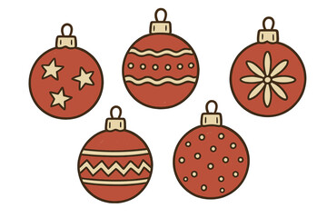 Hand drawn red Christmas balls set. Vector flat illustration in hygge style. Isolated round baubles with patterns. Xmas winter holiday decoration clipart. Festive cartoon graphic.