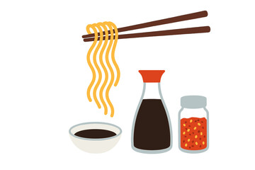 Chopsticks holding noodles with soy sauce and chili pepper flakes. Asian food concept for Chinese, Japanese, Korean cuisine. Flat vector illustration for a restaurant menu design.