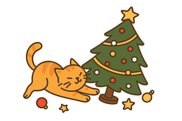 Funny naughty ginger cat dropping a decorated Christmas tree. Cute cartoon vector for Xmas cards, banners, or prints. Humorous holiday pet behavior. Merry Catmas lettering idea.