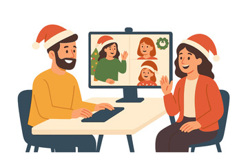 Concept of Christmas videoconference and web communication. Family or team meeting online. People have a virtual holiday discussion remotely. Vector flat illustration character.