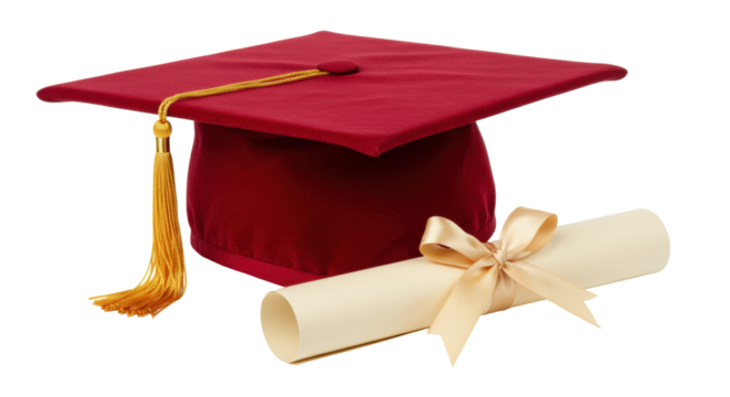Red graduation cap and diploma isolated on transparent background, academic achievement for education and celebration