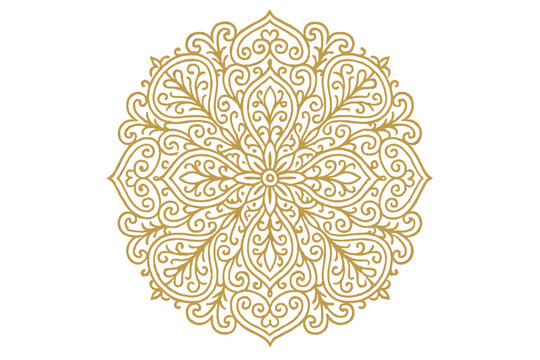 Golden mandala circular pattern. Ornate line art design in eastern style. Vintage filigree ornament for luxury wedding invitations, greeting cards. Traditional arabic decor motif.