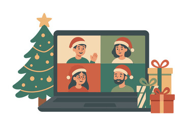 People meeting online for Christmas celebration via video call on laptop. Virtual discussion with friends or family in Santa hats. Festive holiday concept with gifts. Flat vector.