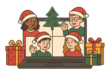 Virtual Christmas celebration concept. Diverse people on a video call. Friends, family meeting online on a laptop for holiday discussion with festive gifts and Santa hats.