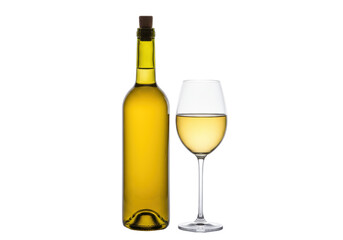 Bottle and glass of white wine isolated, alcoholic beverage still life for restaurant menu and advertising