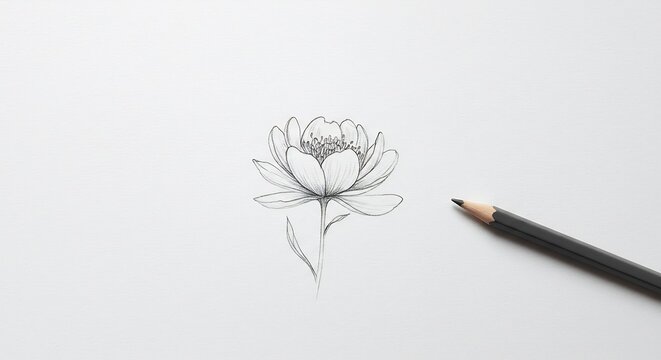 Creacion artistica dibujo de flor a lapiz sobre papel blanco puro mostrando belleza minimalista y delicada
