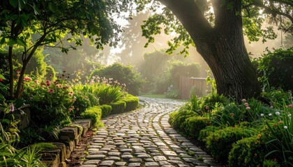 A serene garden path winds through lush greenery and vibrant flowering plants, illuminated by soft sunlight filtering through the trees, creating a peaceful and inviting ambiance.