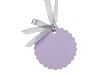 Lilac scalloped gift tag with silver ribbon isolated on white, blank label for product pricing or personalized message PNG