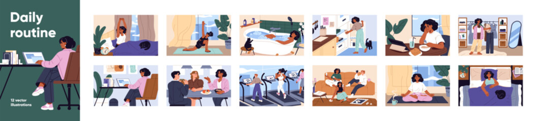 Fototapeta na wymiar Set of woman's daily routines. Everyday life: wake up, home yoga training, bathing, work, meeting with friends, eating, sport, and going to sleep. Schedule, timetable of day. Flat vector illustrations