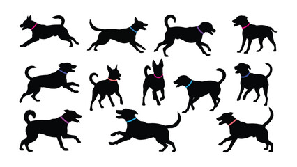 Dog Silhouettes in Action: Dynamic black silhouettes of playful dogs, each with a unique collar, captured mid-action, offering a sense of fun, agility, and motion. 