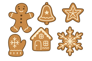 Gingerbread cookies set for Christmas holiday. Cute cartoon vector illustration of festive sweet food. Collection includes gingerbread man, house, star, snowflake, bell, mitten.